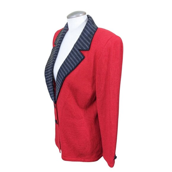 Vintage Toula Two Button Cardigan Jacket Red Knit Black Sequin Collar Womens 10 - Picture 4 of 7